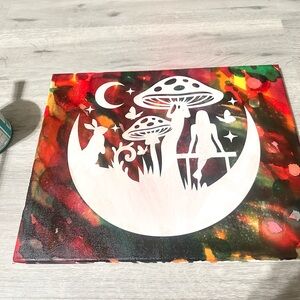 Abstract Mushroom Moon Canvas Art - White Silhouette on Multicolor Background